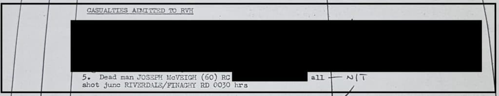 MRF shooting 13th May 1972 Riverdale - No intelligence trace on Mr. McVeigh