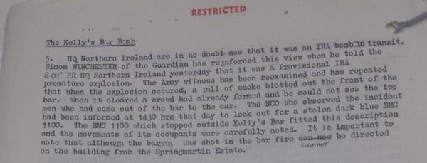 Part of the Situation Report file on the Kelly's Bar attack signed by the British Prime Minister