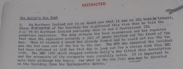 Kelly's Bar car bomb attack - Paper Trail (Legacy Archive Research) Part of the Situation Report file on the Kelly's Bar attack signed by the British Prime Minister