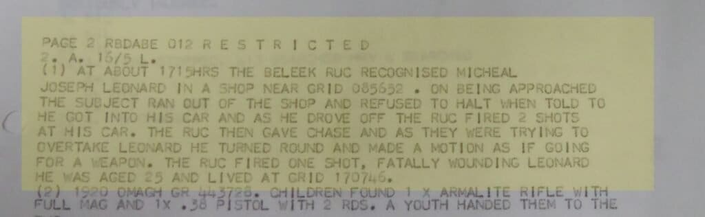 New Evidence in the RUC murder of civilian Michael Leonard - Situation Report