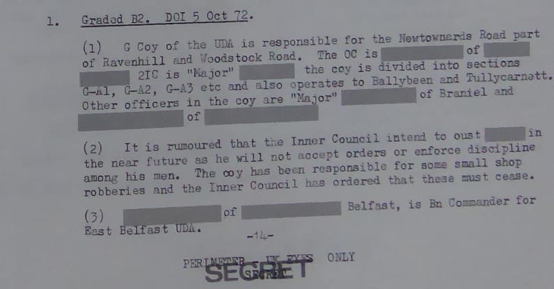 British Army Intelligence files from agents in G4 UDA Newtownards October 72