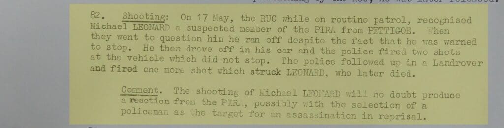 New evidence in the RUC murder of Michael Leonard - RUC reports to British Army