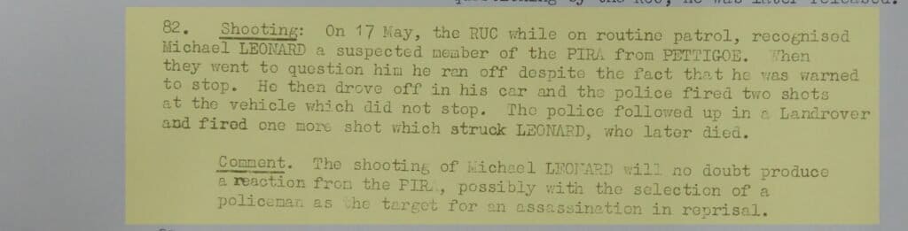 New evidence in the RUC murder of Michael Leonard - RUC reports to British Army