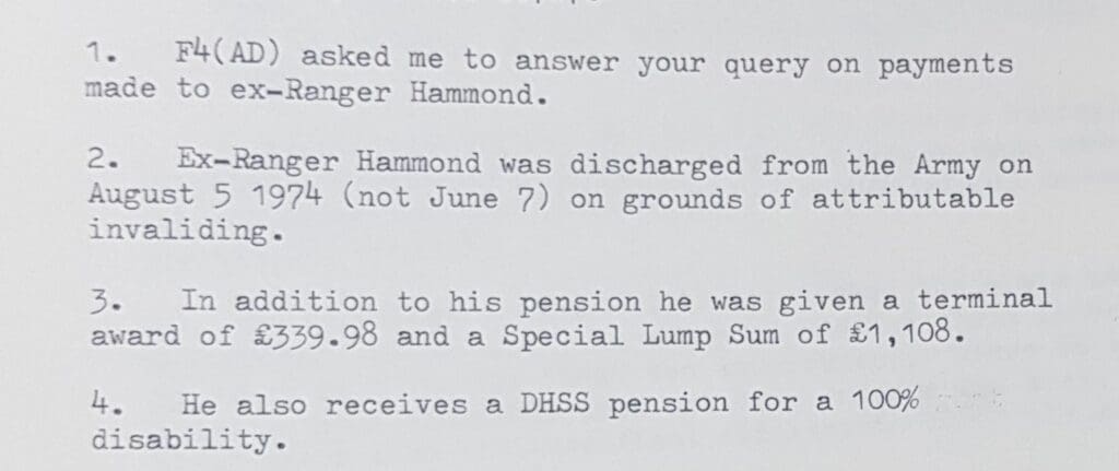 Ranger Hammond's British Army pension details