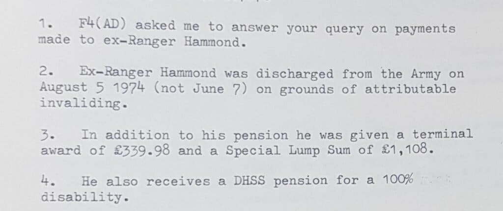 Ranger Hammond's British Army pension details