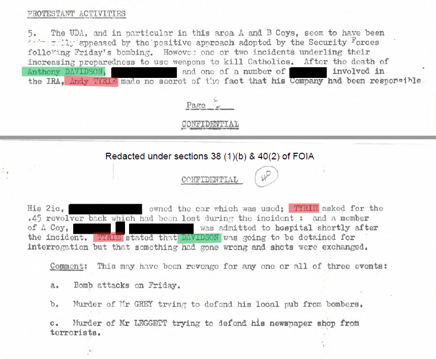 Andy Tyrie bragging to British Military Intelligence about murders including Anthony Davidson's murder