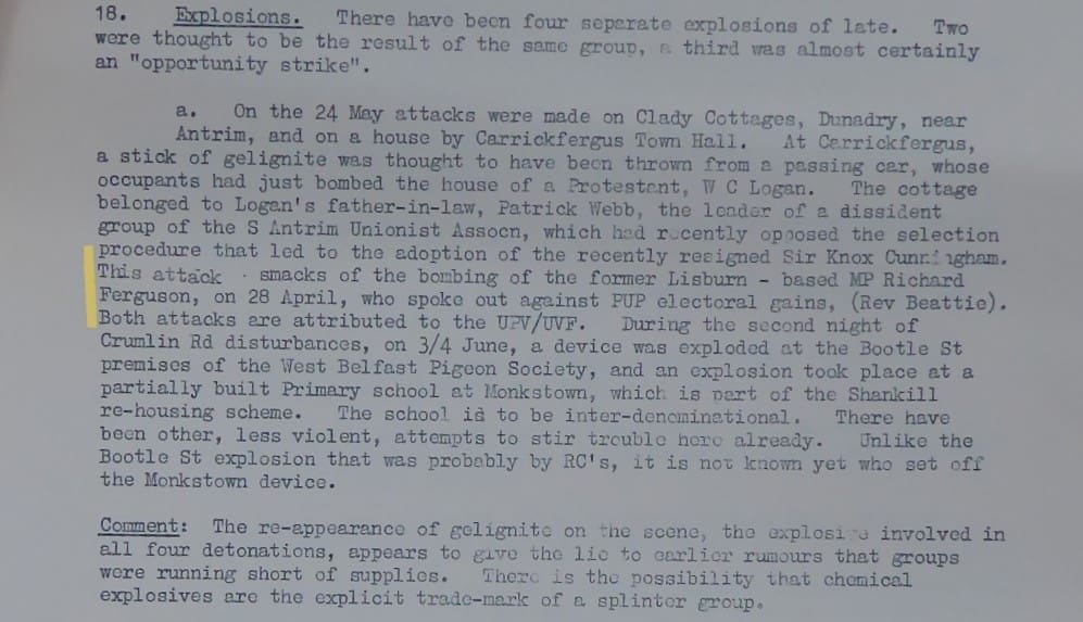 Bomb attacks against Unionist politicians including Ferguson attributed to UPV UVF
