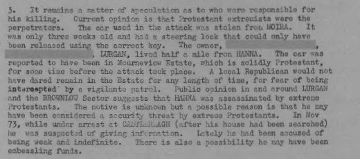 British Military Intelligence Summary on Billy Hanna Serial 3