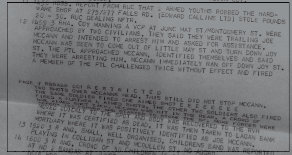 British Army Situation Report on killing of Joe McCann